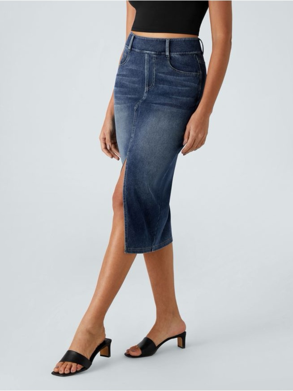 NWT Halara Flex High Waist Pockets Bodycon magic Denim Casual Midi Skirt LARGE